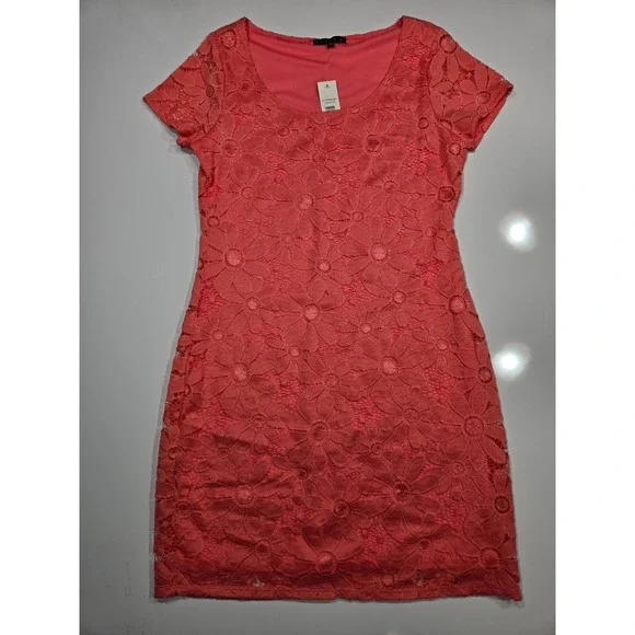 Tiana B Coral Floral Lace Dress Women's Medium Short Sleeve Lined - Picture 1 of 8